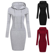 Load image into Gallery viewer, Women Stripes Pocket Knee Length Slim Casual Pullover Hoodie Dress