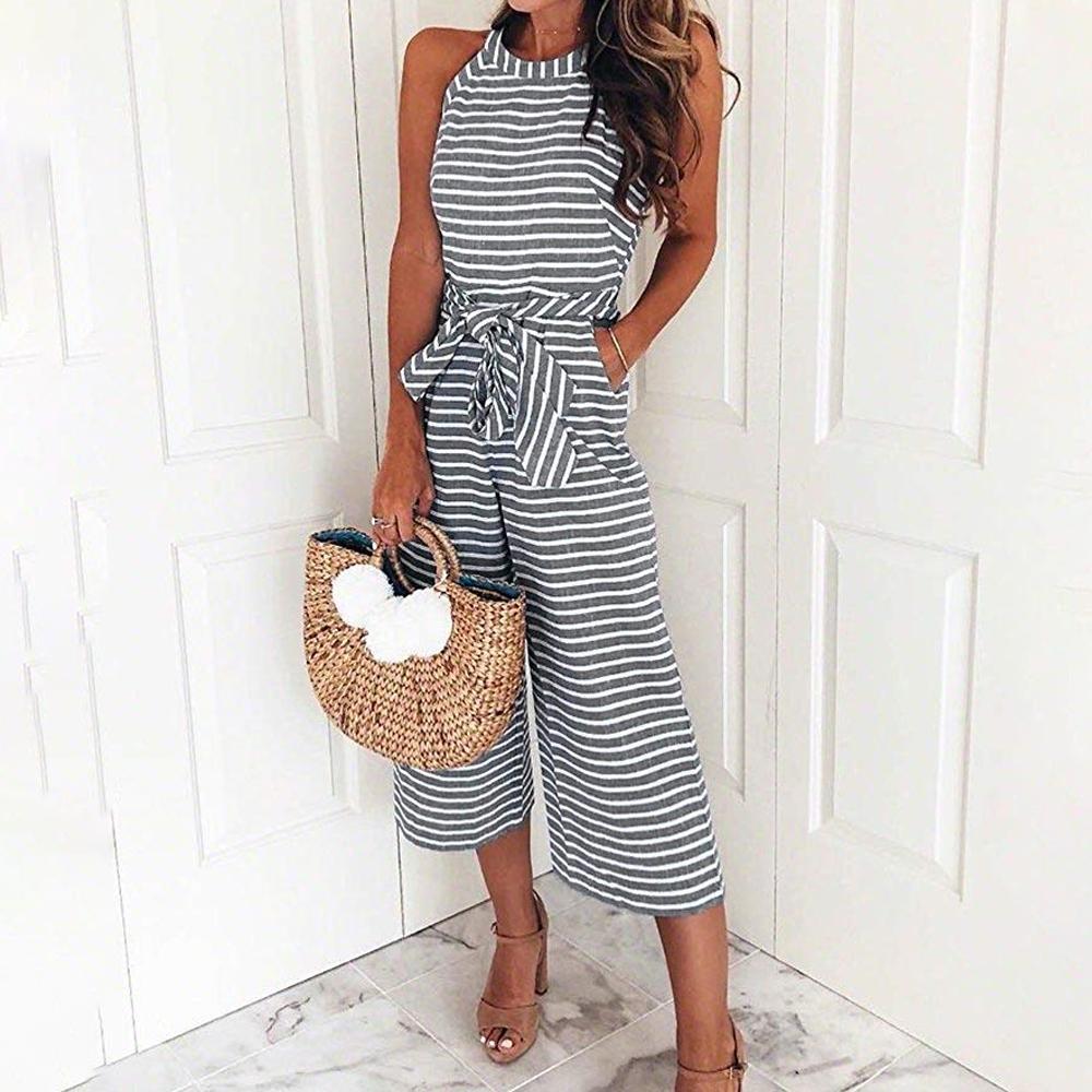 Magoloft Women Summer Striped Sleeveless Back Zipper Jumpsuits